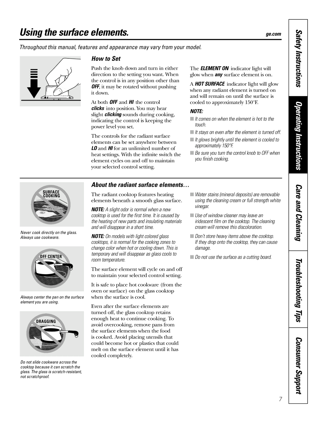 GE PP942, PP932, PP912, PP972, PP962 Using the surface elements, Safety, How to Set, About the radiant surface elements… 