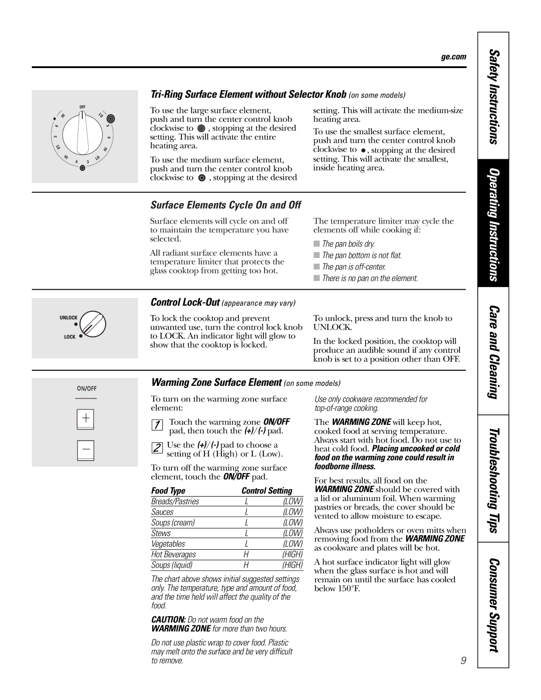 GE PP972 Instructions, Troubleshooting Tips Consumer Support, Warming Zone Surface Element on some models, Food Type 