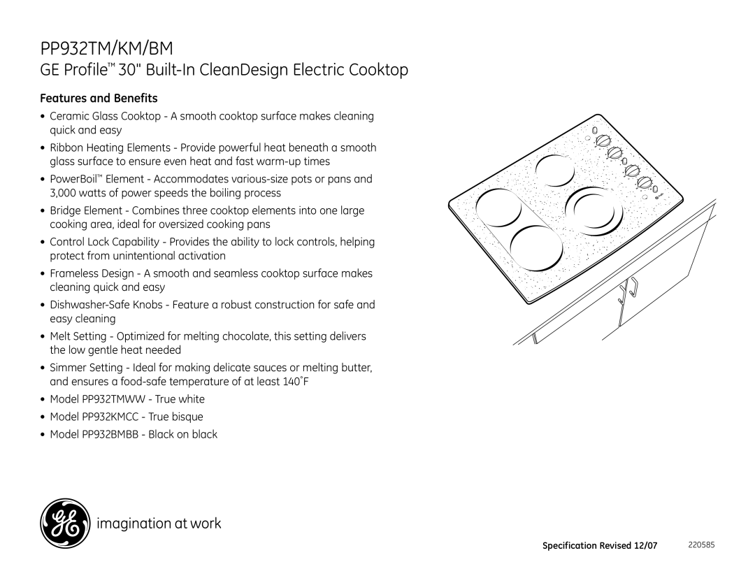 GE PP932TM, PP932KM, PP932BM dimensions Features and Benefits 