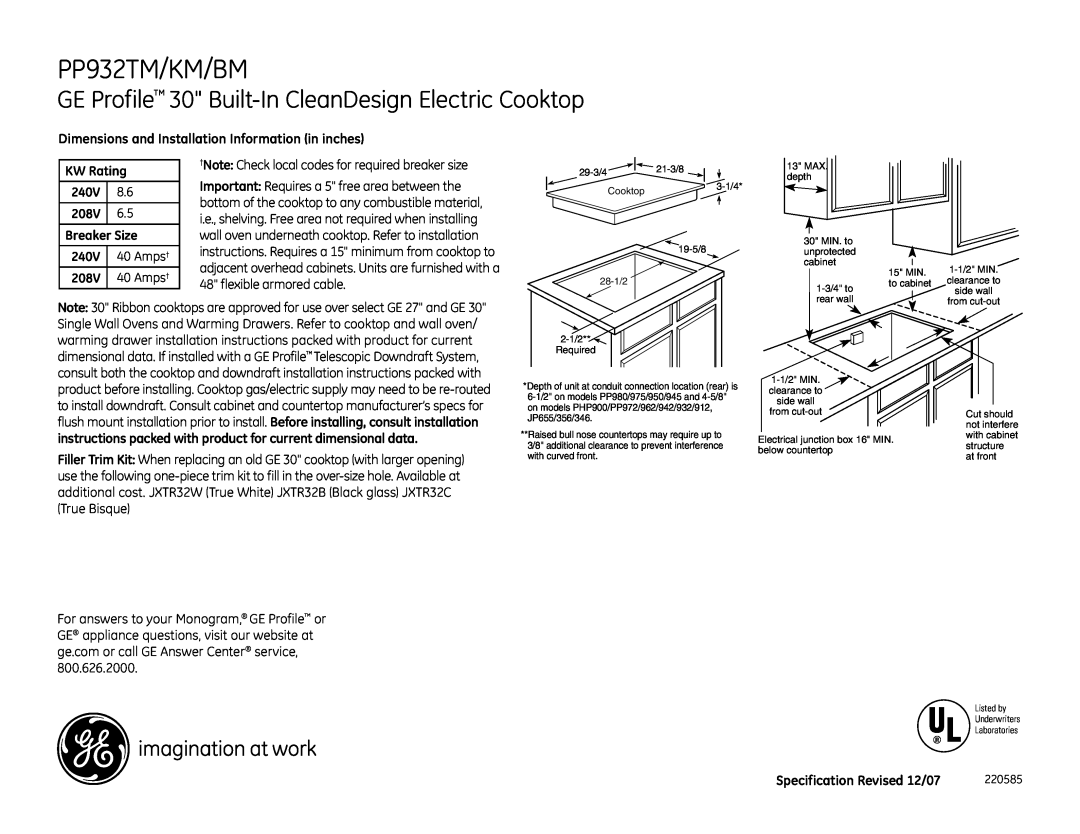 GE PP932BM, PP932KM dimensions PP932TM/KM/BM, GE Profile 30 Built-In CleanDesign Electric Cooktop 