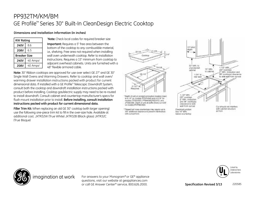 GE PP932TM/KM/BM dimensions GE Profile Series 30 Built-In CleanDesign Electric Cooktop 