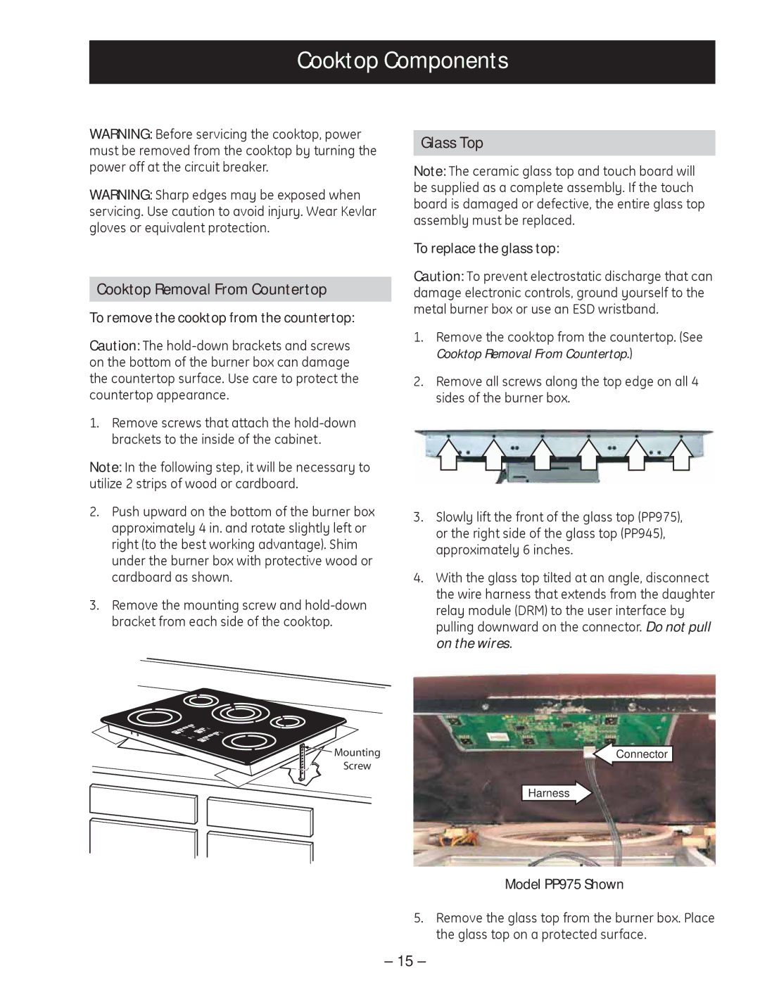 GE PP975, PP945 manual Cooktop Components, Cooktop Removal From Countertop, Glass Top 