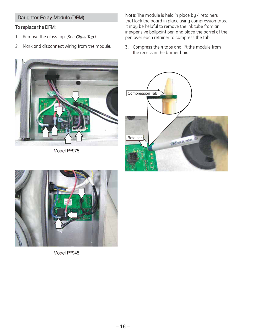 GE manual Daughter Relay Module DRM, To replace the DRM, Model PP975 Model PP945 