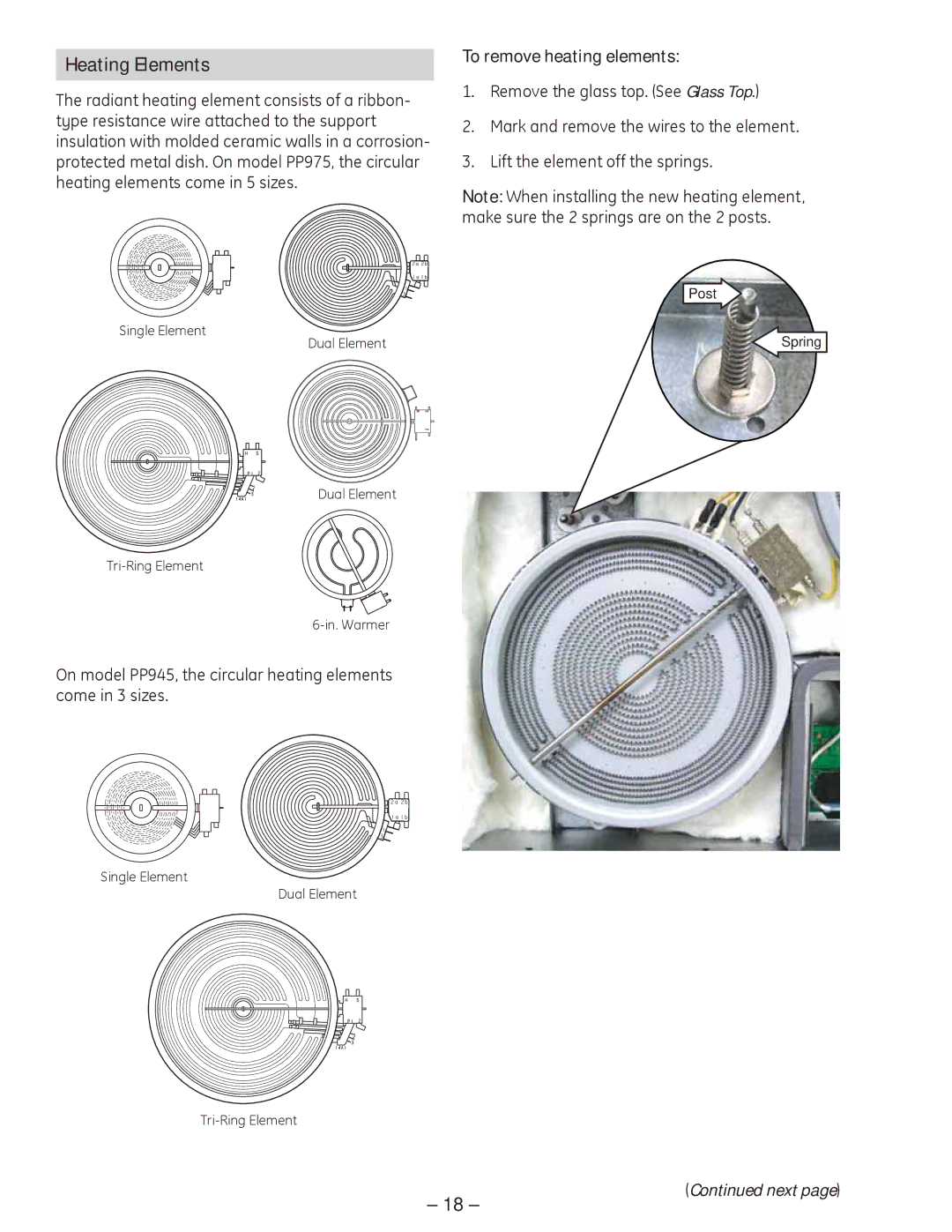 GE PP945, PP975 manual Heating Elements, To remove heating elements 