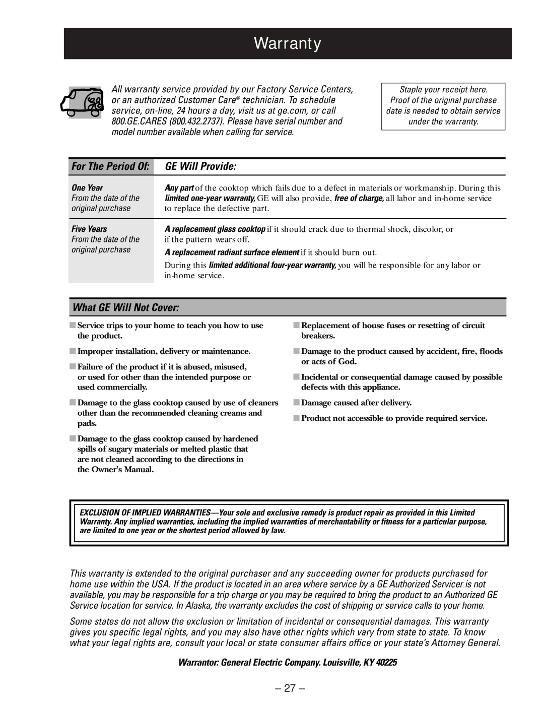 GE PP975, PP945 manual Warranty, For The Period Of GE Will Provide 