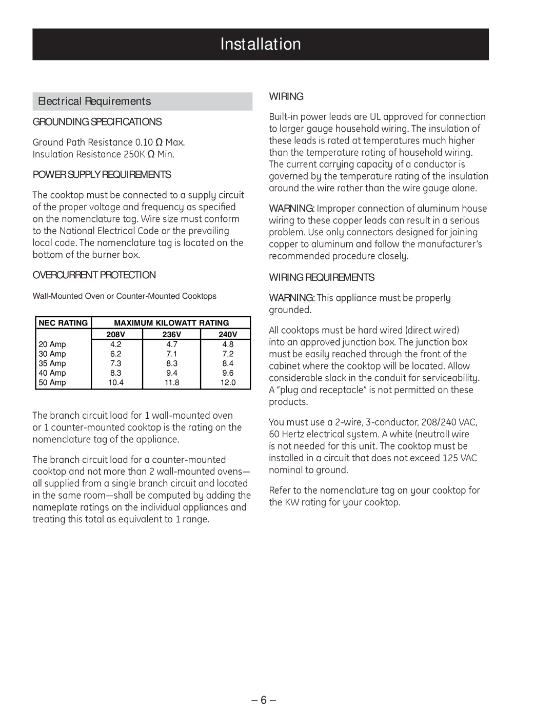 GE PP945, PP975 manual Installation, Electrical Requirements 