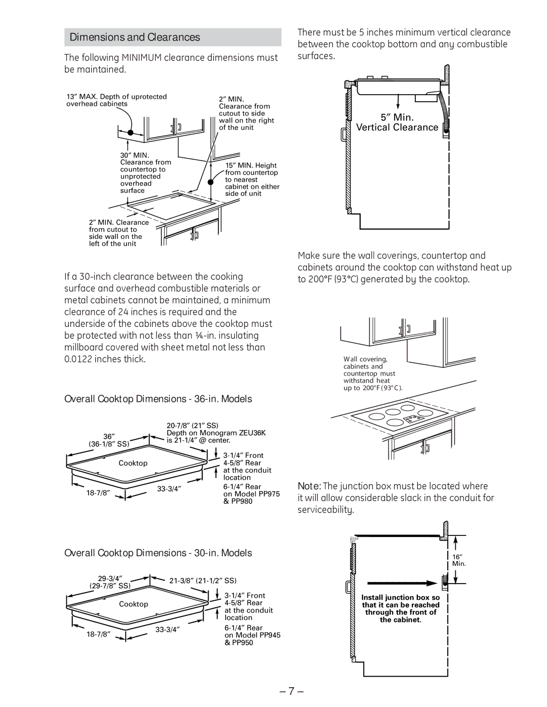 GE PP975 Dimensions and Clearances, Overall Cooktop Dimensions 36-in. Models, Overall Cooktop Dimensions 30-in. Models 