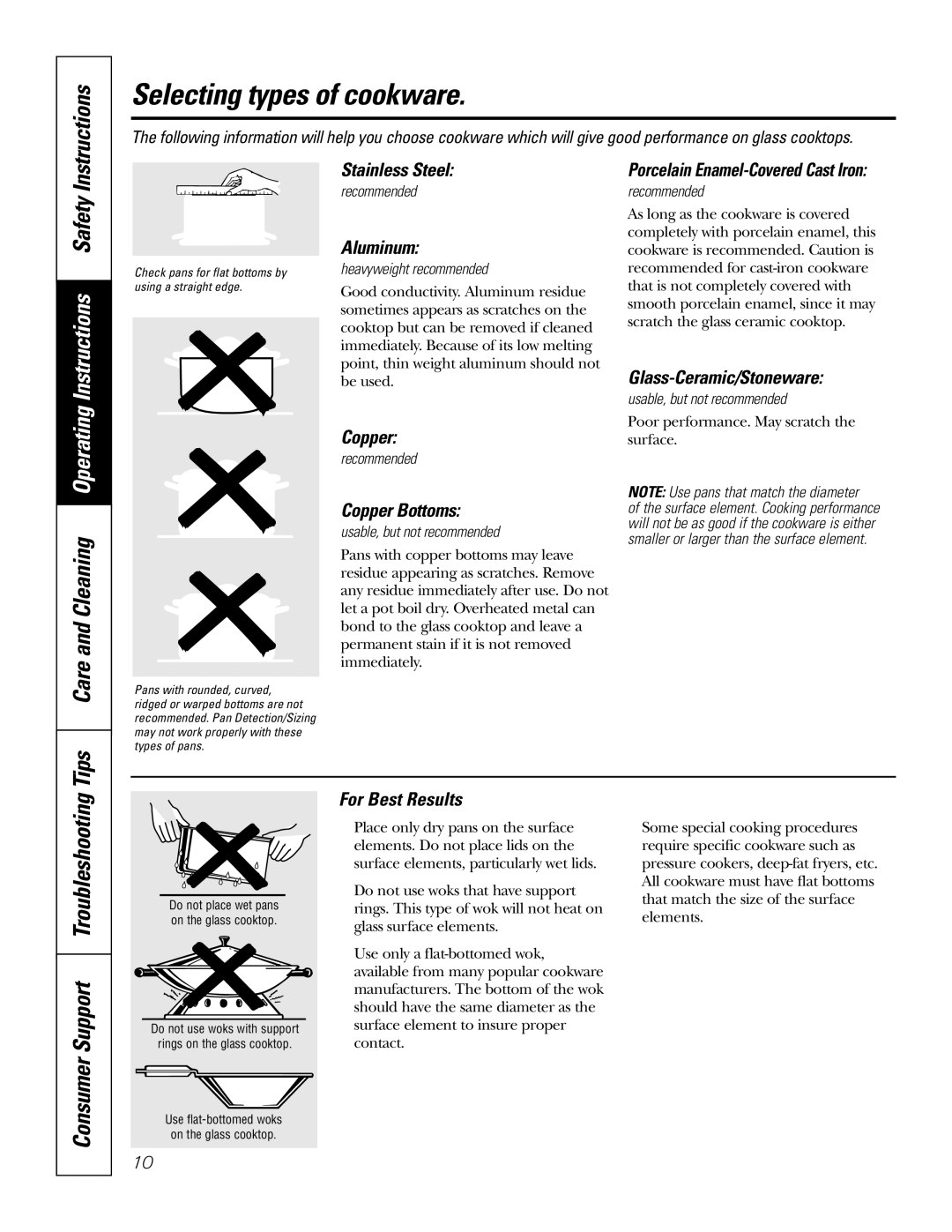 GE PP945, PP975 owner manual Selecting types of cookware, Tips Care and Cleaning Operating Instructions Safety 