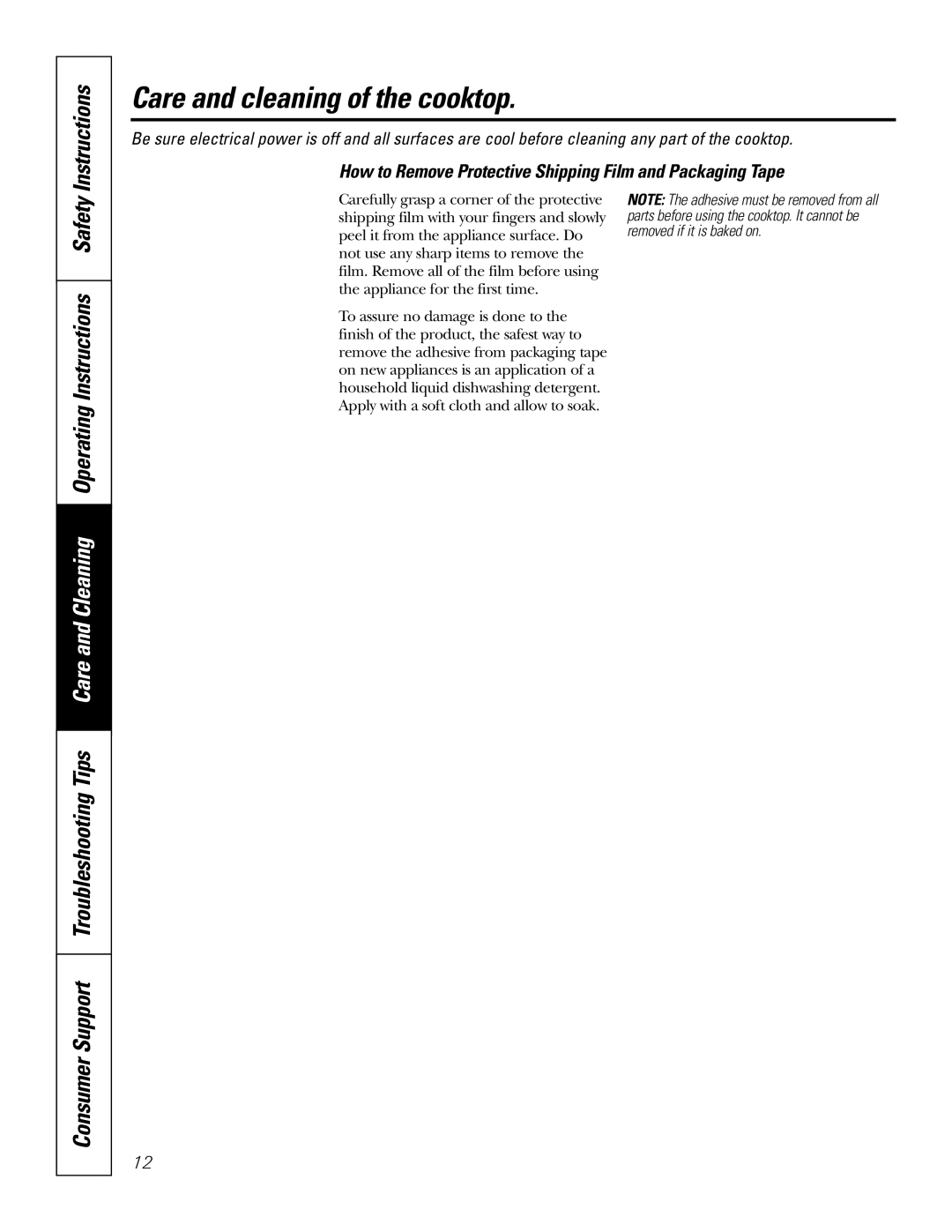 GE PP945, PP975 owner manual Care and cleaning of the cooktop, How to Remove Protective Shipping Film and Packaging Tape 