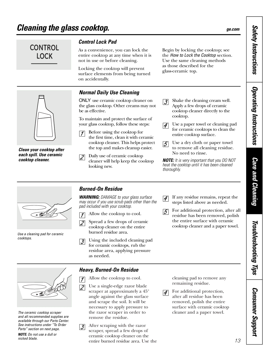 GE PP975, PP945 Cleaning the glass cooktop, Tips Consumer Support, Operating Instructions Care, Cleaning Troubleshooting 