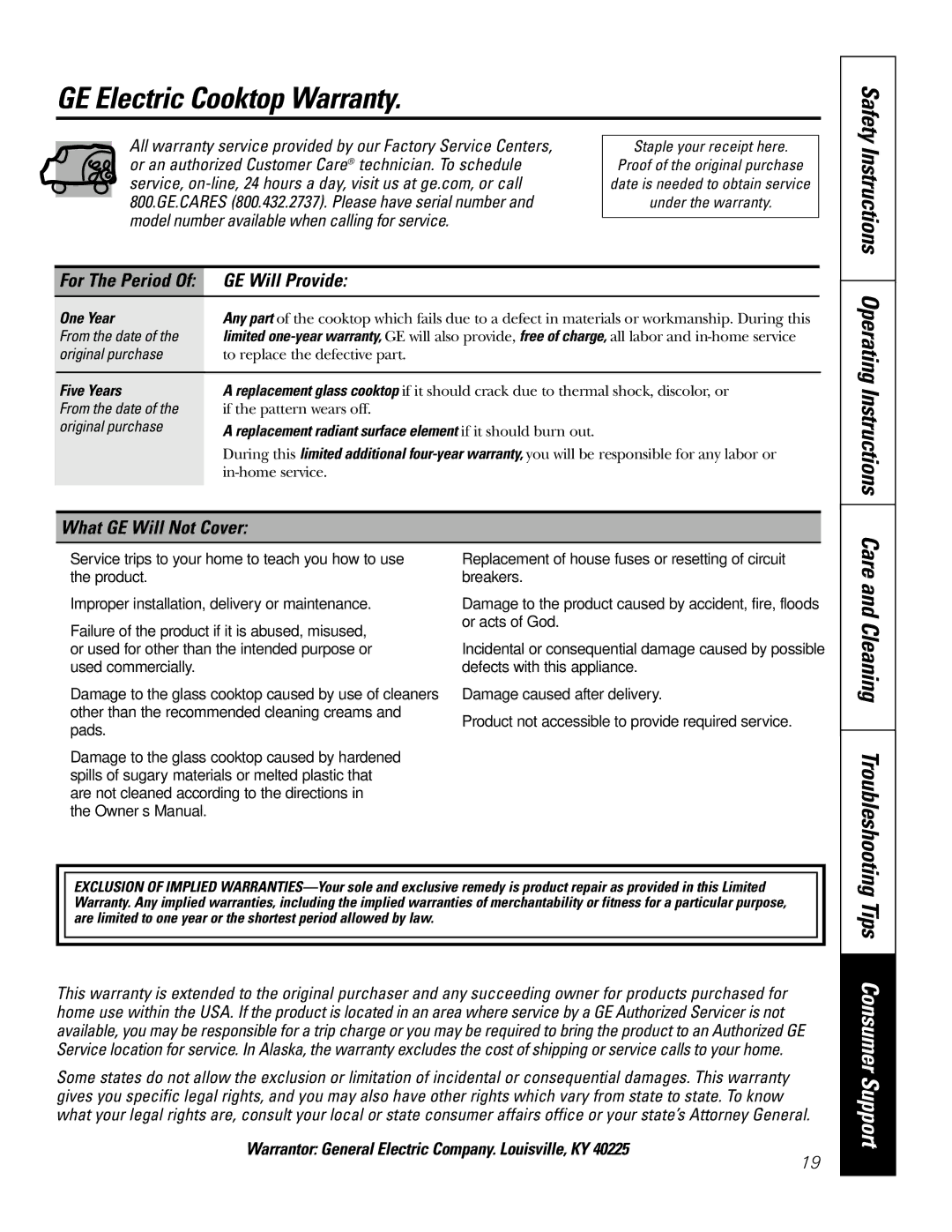 GE PP975 GE Electric Cooktop Warranty, Safety Instructions Operating Instructions, GE Will Provide, What GE Will Not Cover 