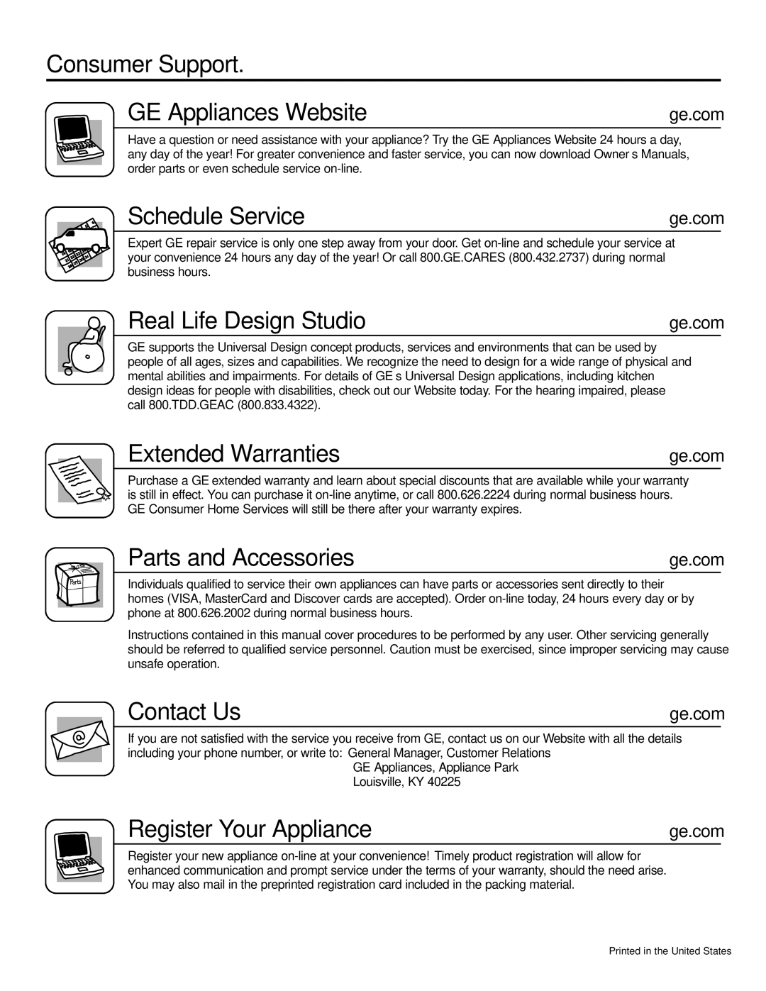 GE PP945, PP975 Consumer Support GE Appliances Website, Schedule Service, Real Life Design Studio, Extended Warranties 