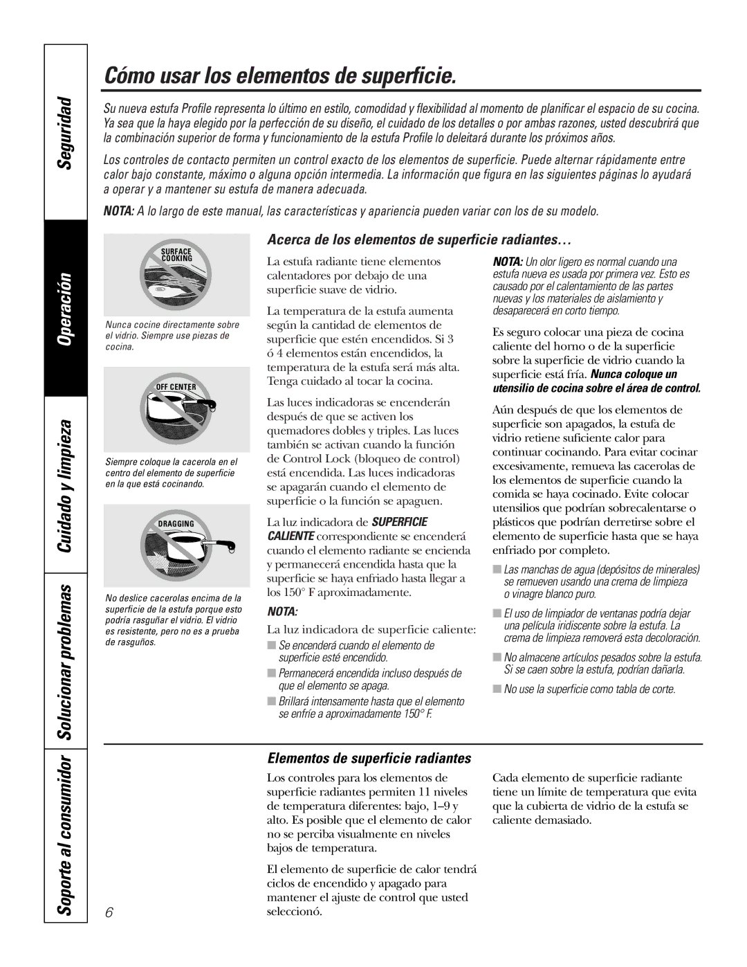 GE PP945, PP975 owner manual Cómo usar los elementos de superficie, Solucionar problemas Cuidado y limpieza 