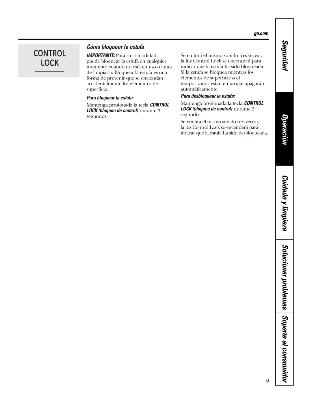 GE PP975, PP945 owner manual Cómo bloquear la estufa, Para bloquear la estufa, Para desbloquear la estufa 