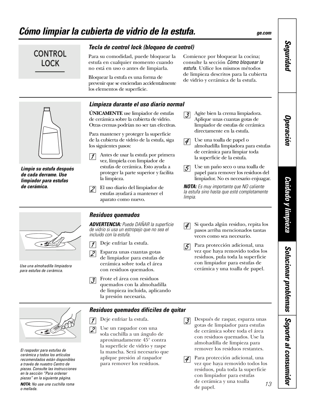 GE PP975 Cómo limpiar la cubierta de vidrio de la estufa, Tecla de control lock bloqueo de control, Residuos quemados 