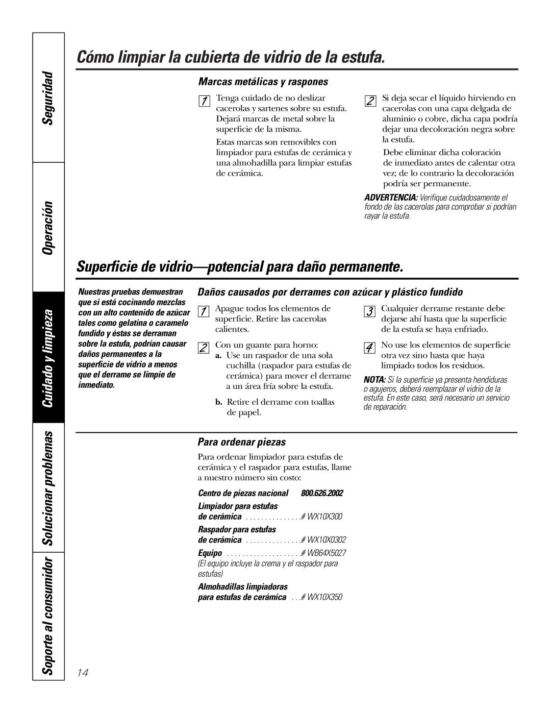 GE PP945 Seguridad Operación, Soporte al consumidor Solucionar problemas, Marcas metálicas y raspones, Para ordenar piezas 