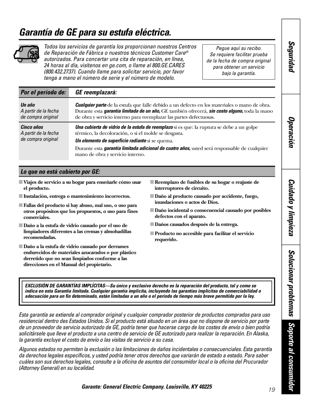 GE PP975, PP945 owner manual Garantía de GE para su estufa eléctrica, Cuidado y limpieza Solucionar, GE reemplazará 