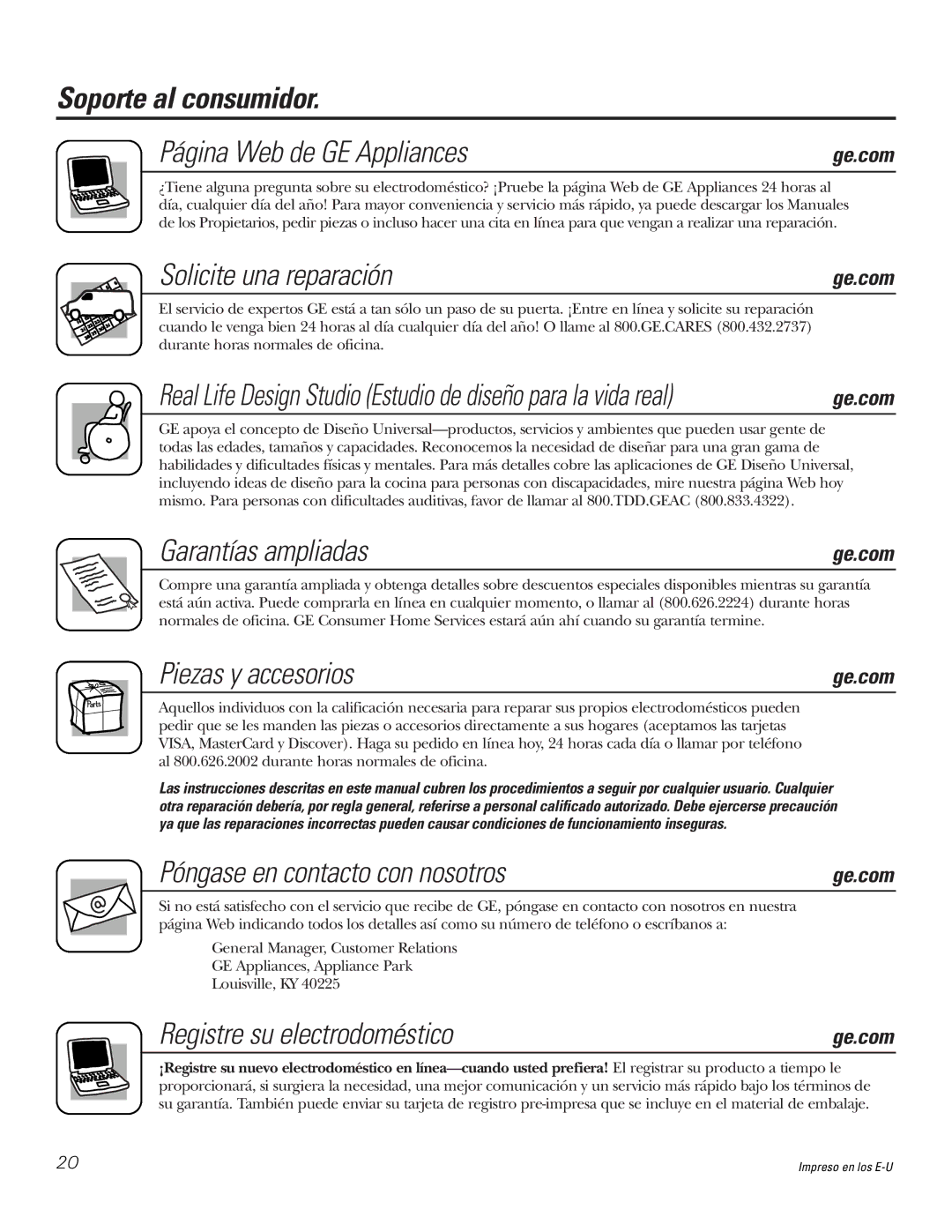 GE PP945, PP975 owner manual Soporte al consumidor Página Web de GE Appliances, Solicite una reparación, Garantías ampliadas 