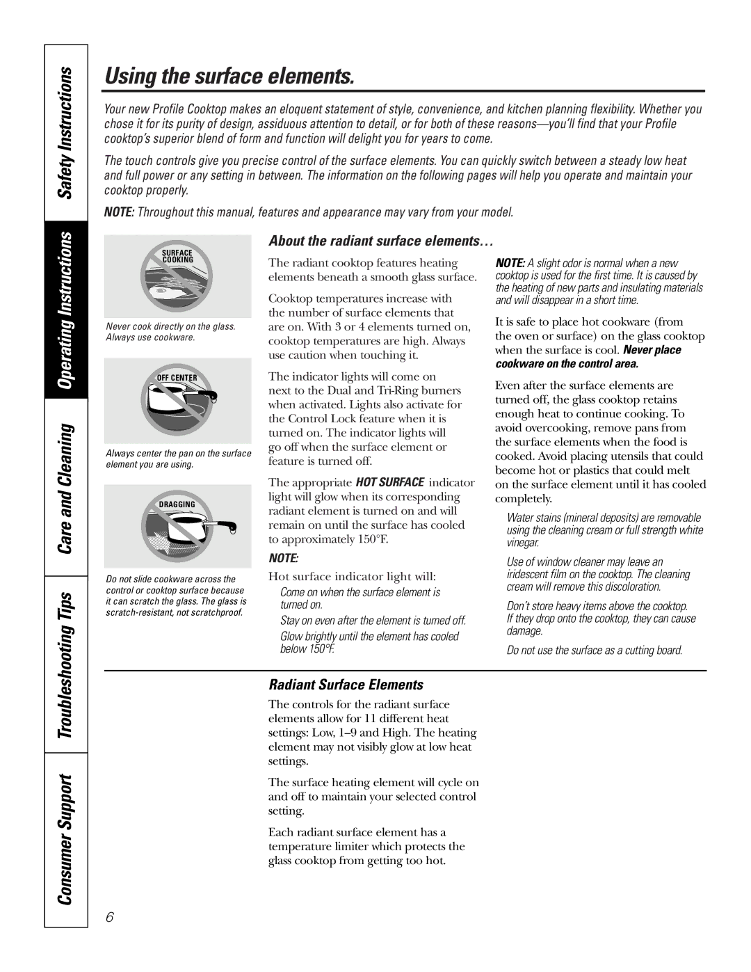 GE PP945, PP975 owner manual Using the surface elements, Safety Instructions, Tips Care and Cleaning Operating Instructions 