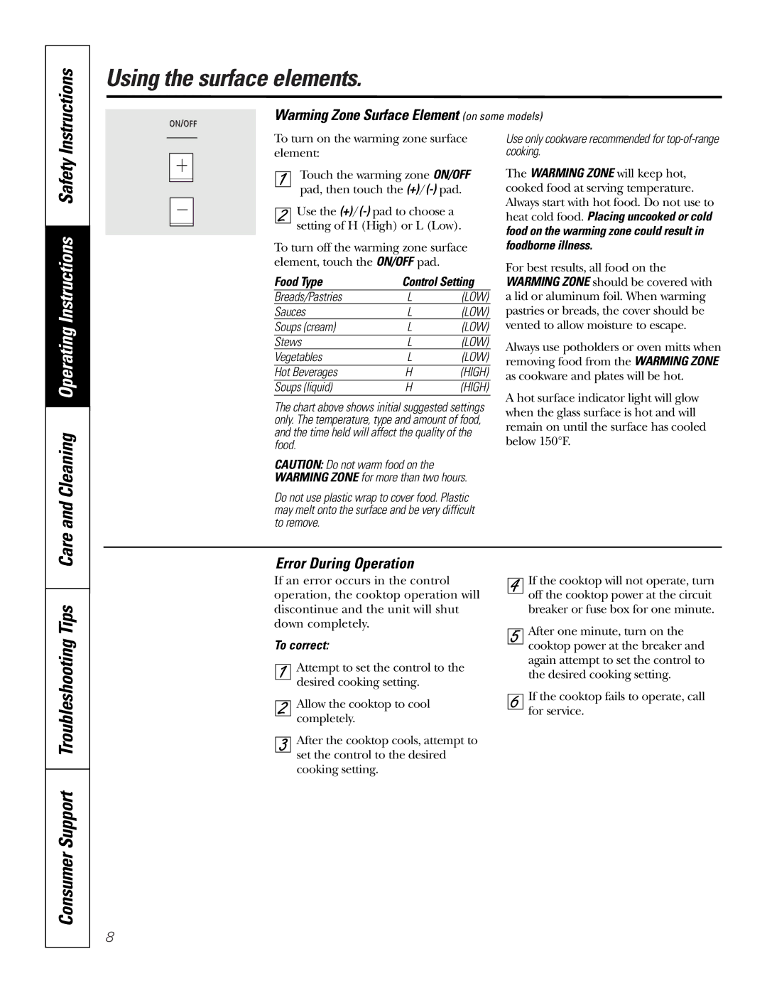 GE PP945 Consumer Support Troubleshooting Tips, Care and Cleaning Operating Instructions Safety, Error During Operation 