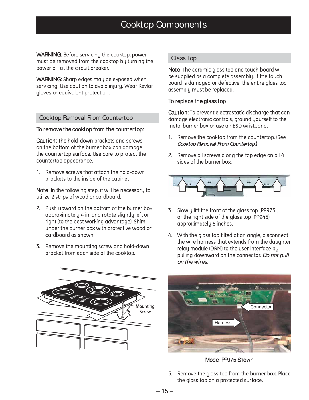 GE PP975, PP945 manual Cooktop Components, Cooktop Removal From Countertop, Glass Top 