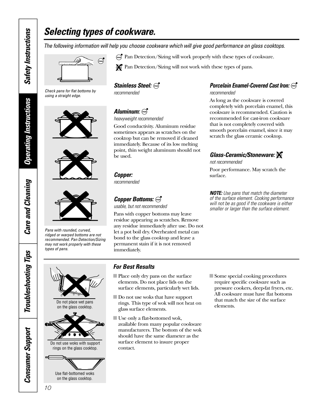 GE PP950, PP980 owner manual Selecting types of cookware, Safety 