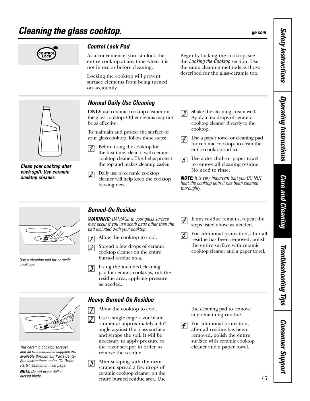 GE PP980, PP950 Cleaning the glass cooktop, Tips Consumer Support, Operating Instructions Care, Cleaning Troubleshooting 