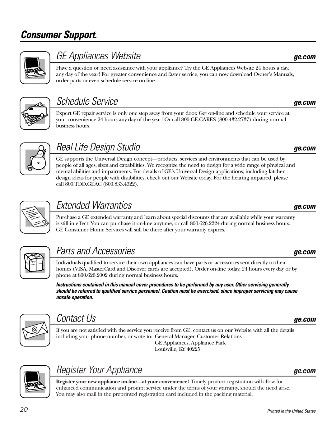 GE PP950, PP980 Consumer Support GE Appliances Website, Schedule Service, Real Life Design Studio, Extended Warranties 