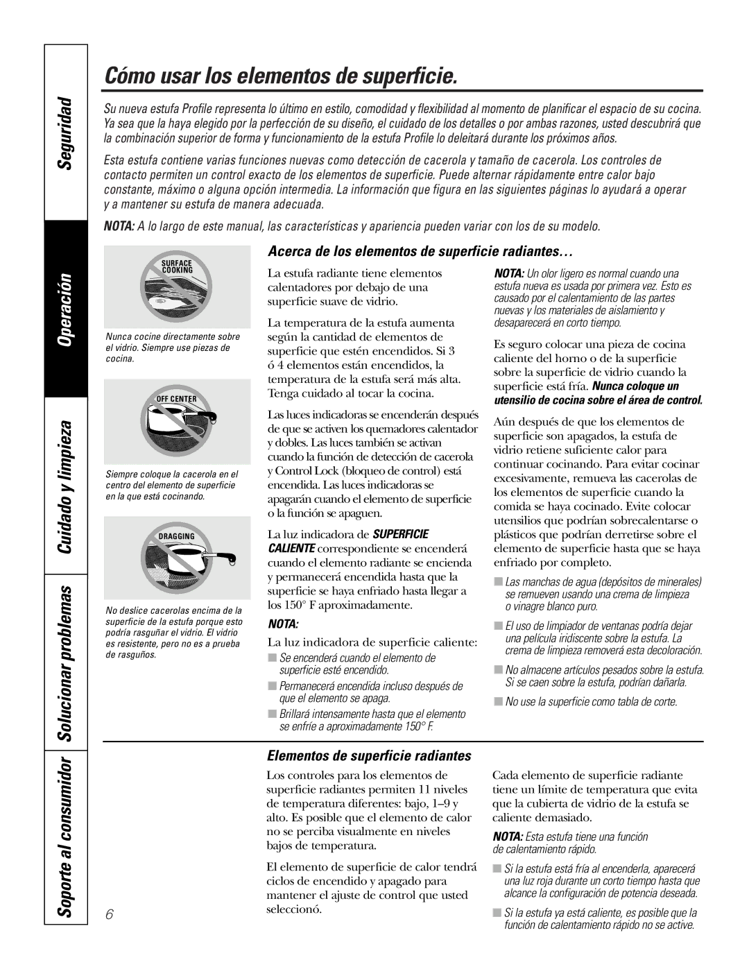 GE PP950, PP980 owner manual Cómo usar los elementos de superficie, Solucionar problemas Cuidado y limpieza 