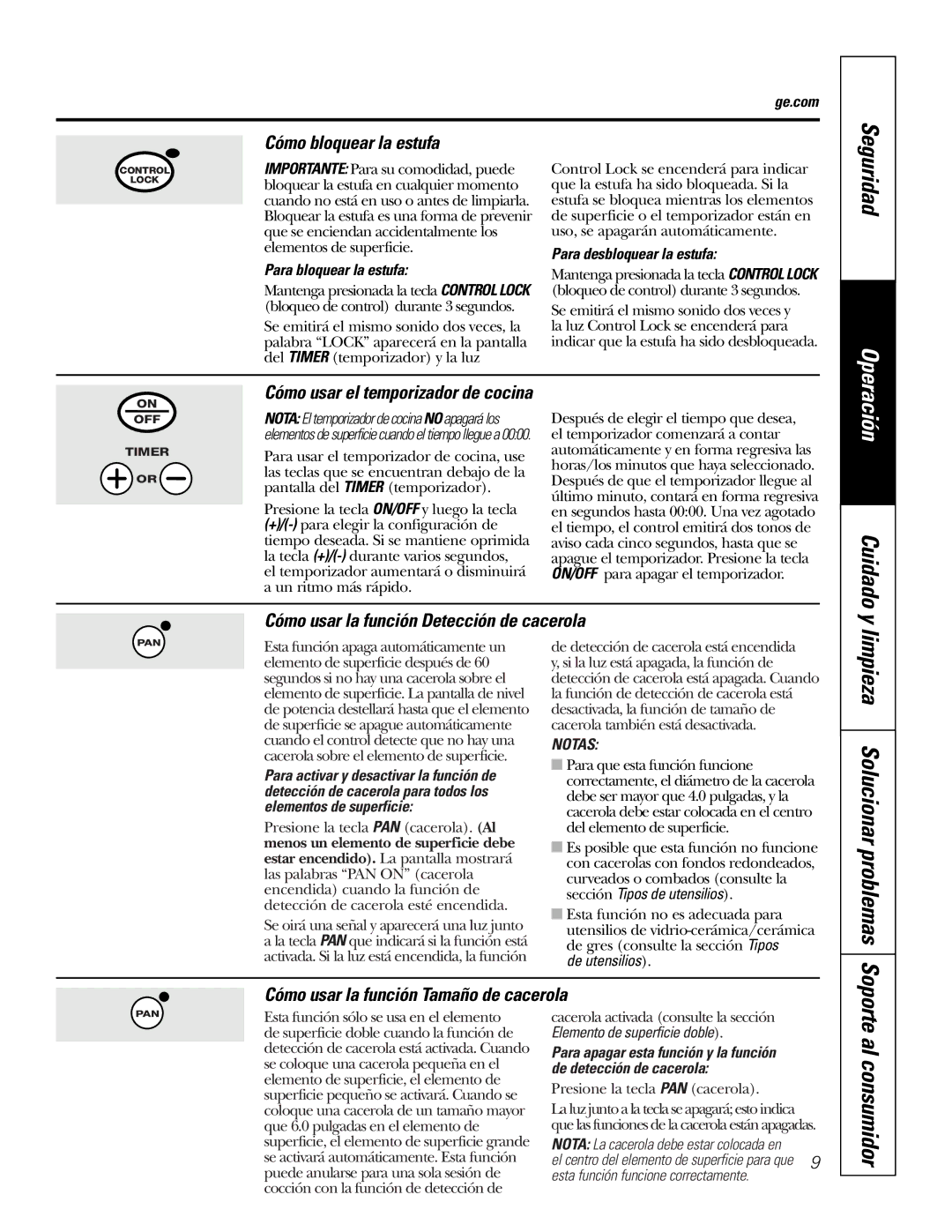 GE PP980, PP950 owner manual Al consumidor, Cómo bloquear la estufa, Cómo usar la función Tamaño de cacerola 