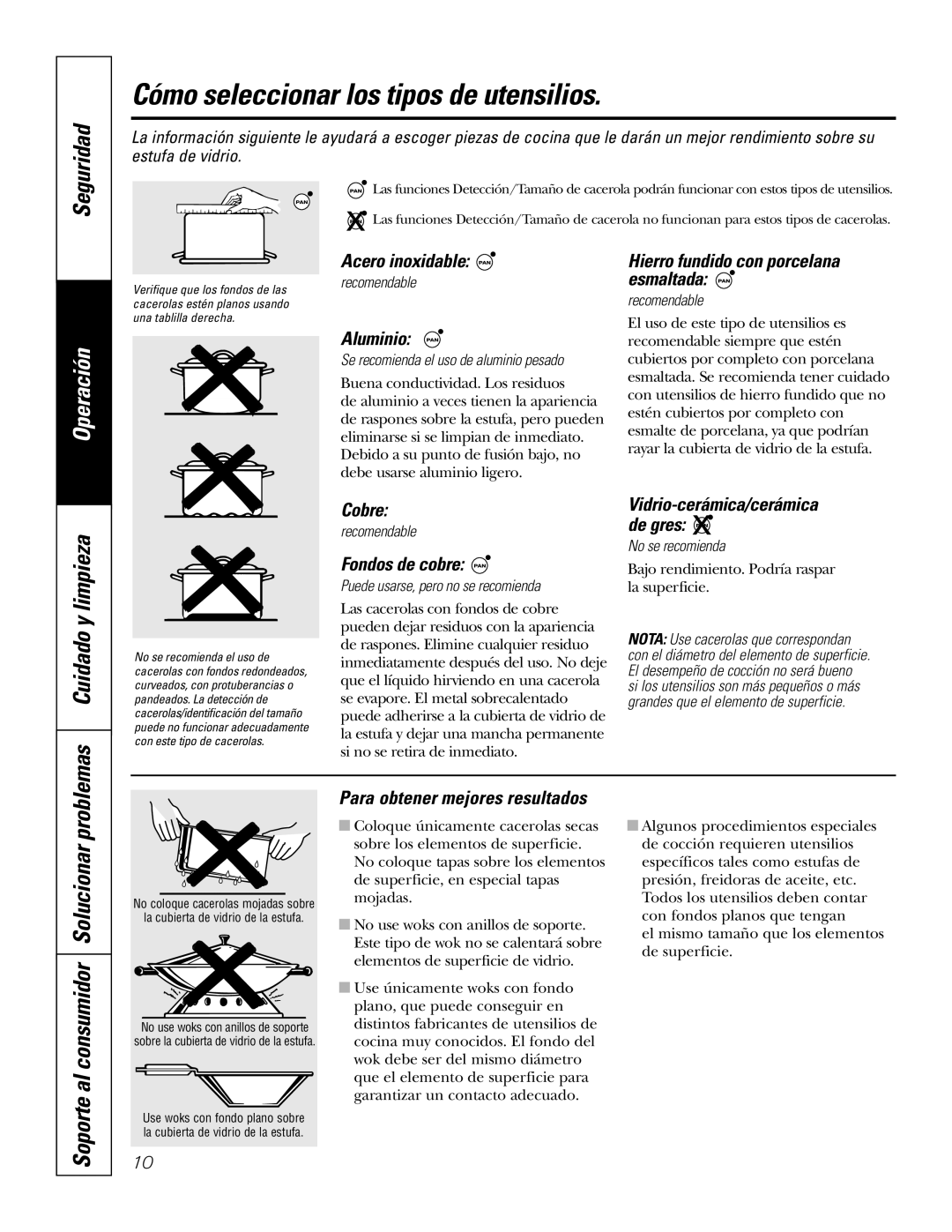 GE PP950, PP980 owner manual Cómo seleccionar los tipos de utensilios, Cuidado y limpieza 