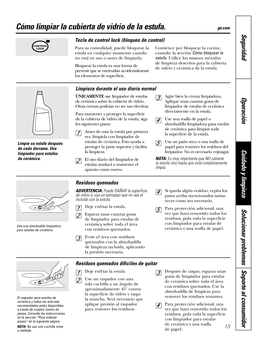 GE PP980 Cómo limpiar la cubierta de vidrio de la estufa, Tecla de control lock bloqueo de control, Residuos quemados 