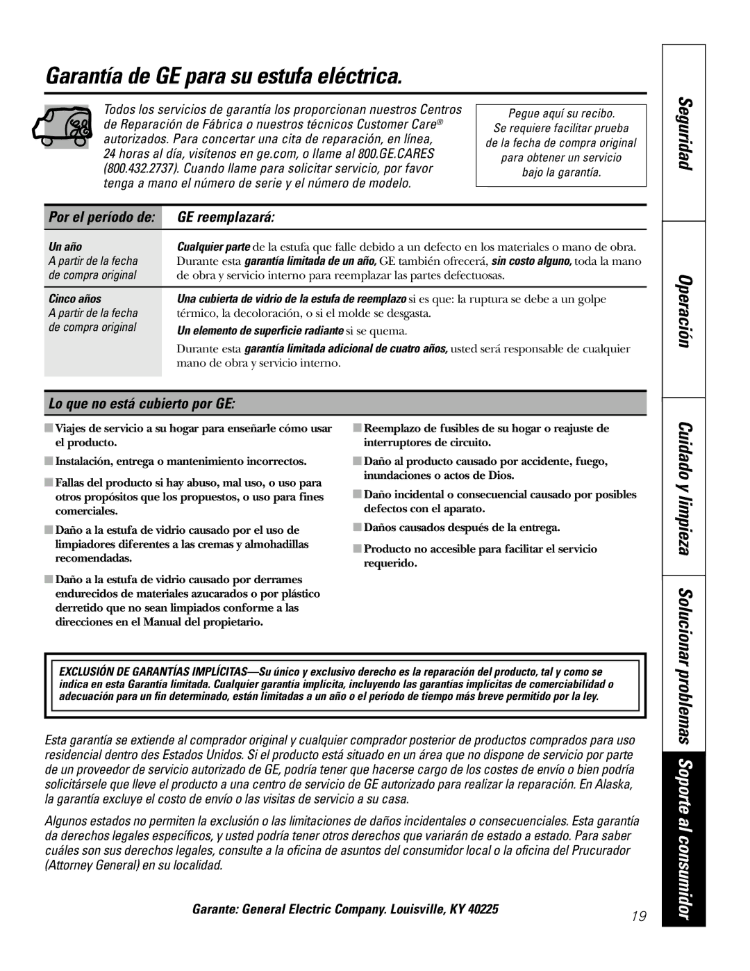 GE PP980, PP950 owner manual Garantía de GE para su estufa eléctrica, Cuidado y limpieza Solucionar, GE reemplazará 