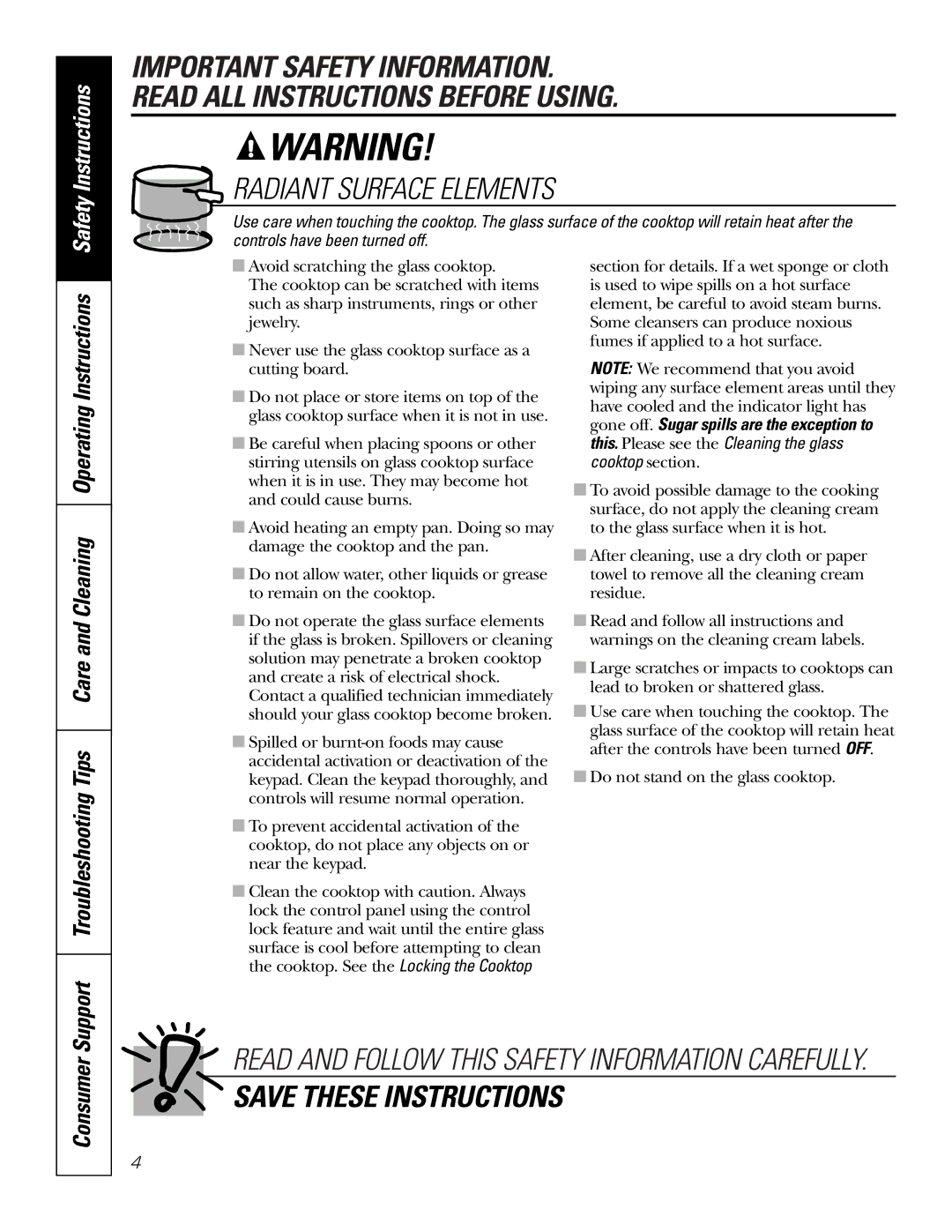 GE PP950, PP980 owner manual Radiant Surface Elements 