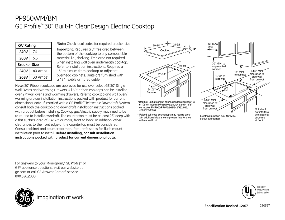 GE installation instructions PP950WM/BM, GE Profile 30 Built-In CleanDesign Electric Cooktop, 240V Amps 208V Amps† 