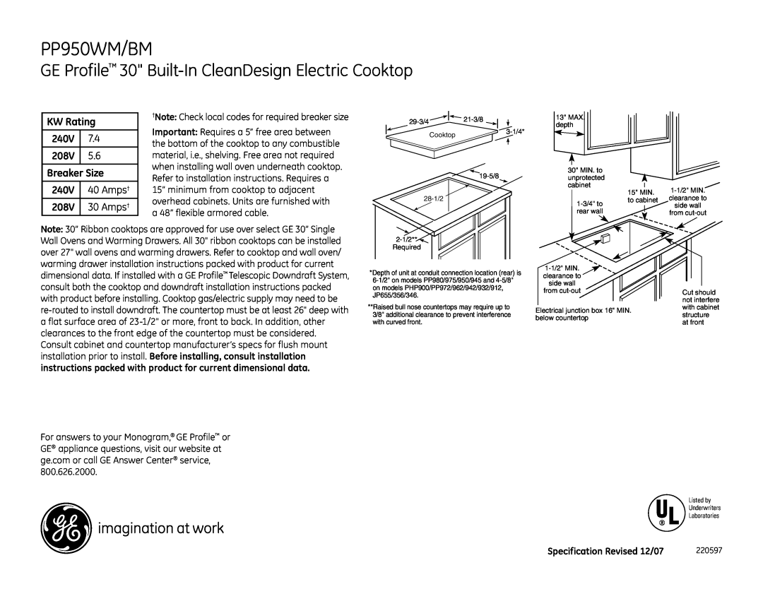 GE installation instructions PP950WM/BM, GE Profile 30 Built-In CleanDesign Electric Cooktop, KW Rating, 240V, 208V 