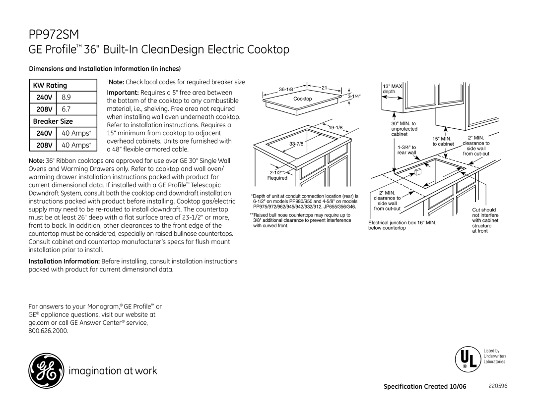 GE PP972SM installation instructions GE Profile 36 Built-In CleanDesign Electric Cooktop, 208V 40 Amps† 