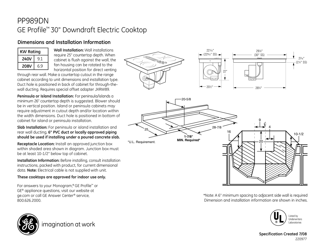 GE PP989TNWW dimensions PP989DN, GE Profile 30 Downdraft Electric Cooktop, Dimensions and Installation Information 