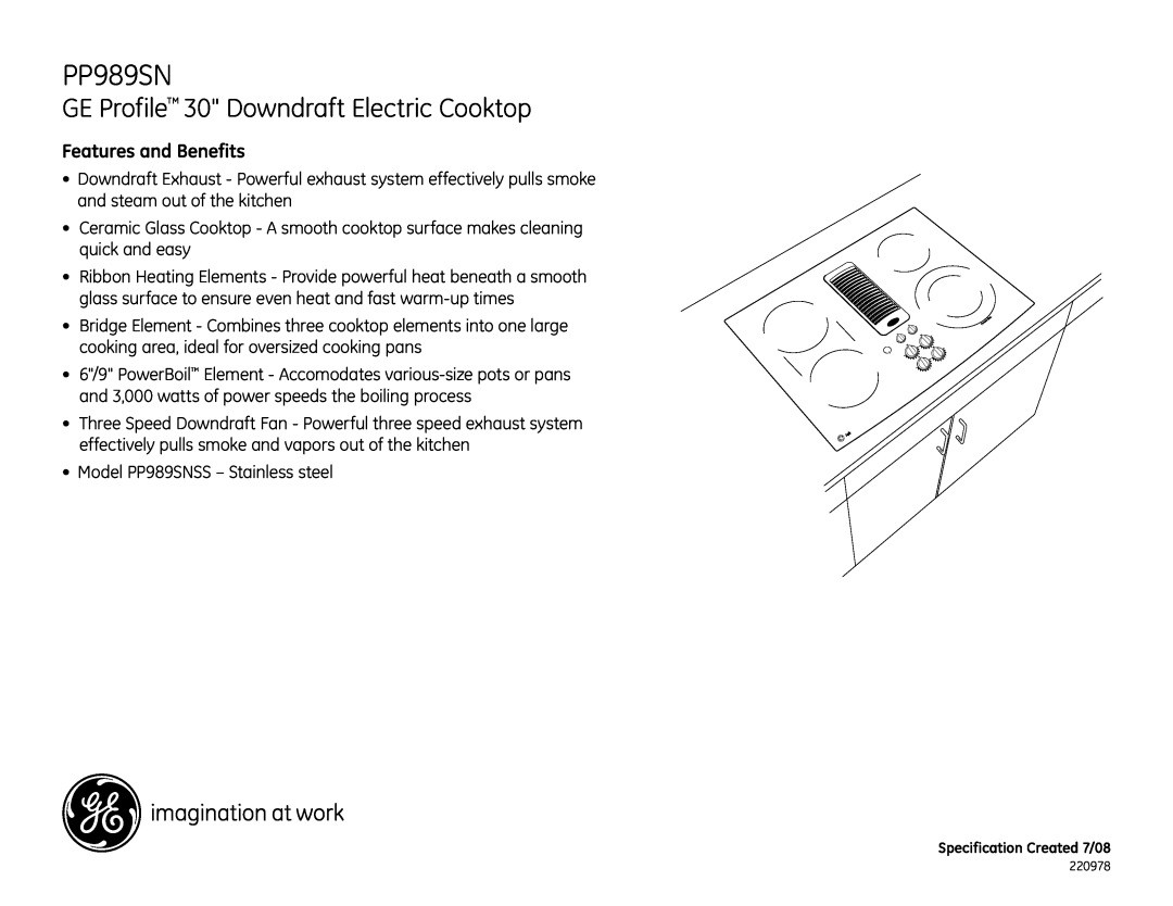 GE PP989SNSS, PP989DN dimensions Features and Benefits, GE Profile 30 Downdraft Electric Cooktop 