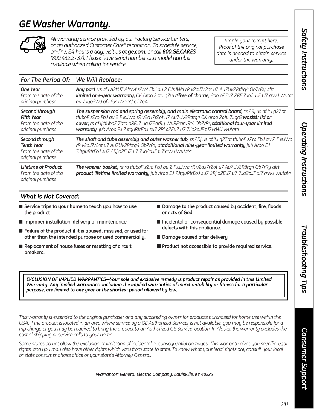 GE Profile Washer owner manual GE Washer Warranty, Troubleshooting, For The Period Of We Will Replace, What Is Not Covered 