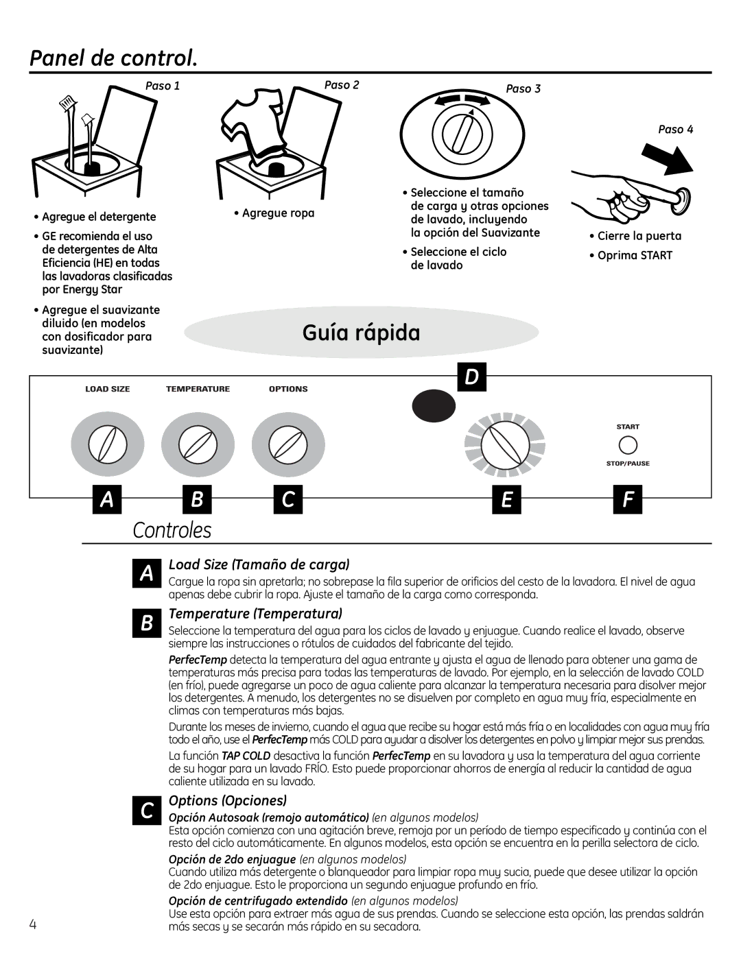 GE Profile Washer Panel de control, Controles, Load Size Tamaño de carga, Temperature Temperatura, Options Opciones 