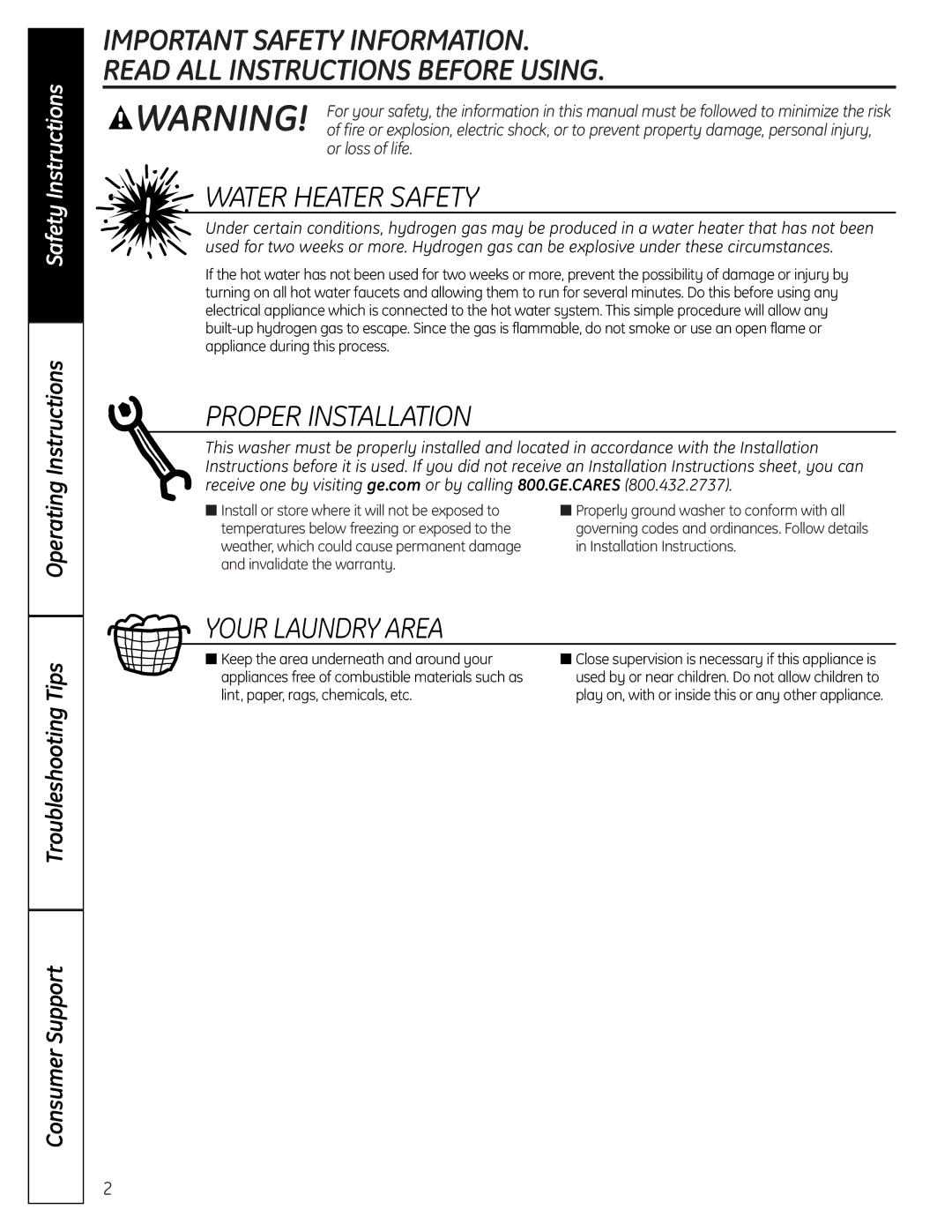 GE Profile Washer owner manual Water Heater Safety, Proper Installation, Your Laundry Area, Or loss of life 