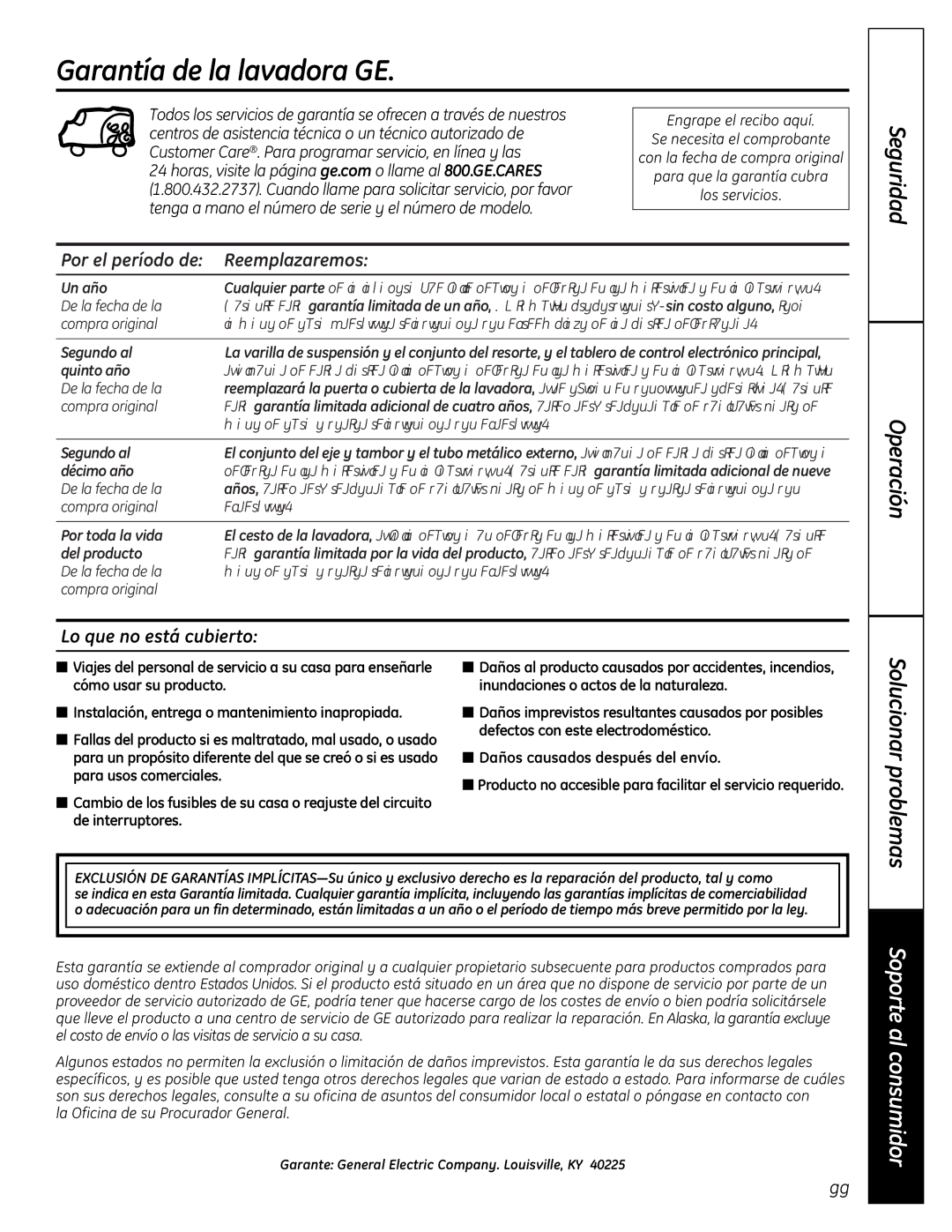 GE Profile Washer owner manual Garantía de la lavadora GE, Solucionar problemas, Por el período de Reemplazaremos 