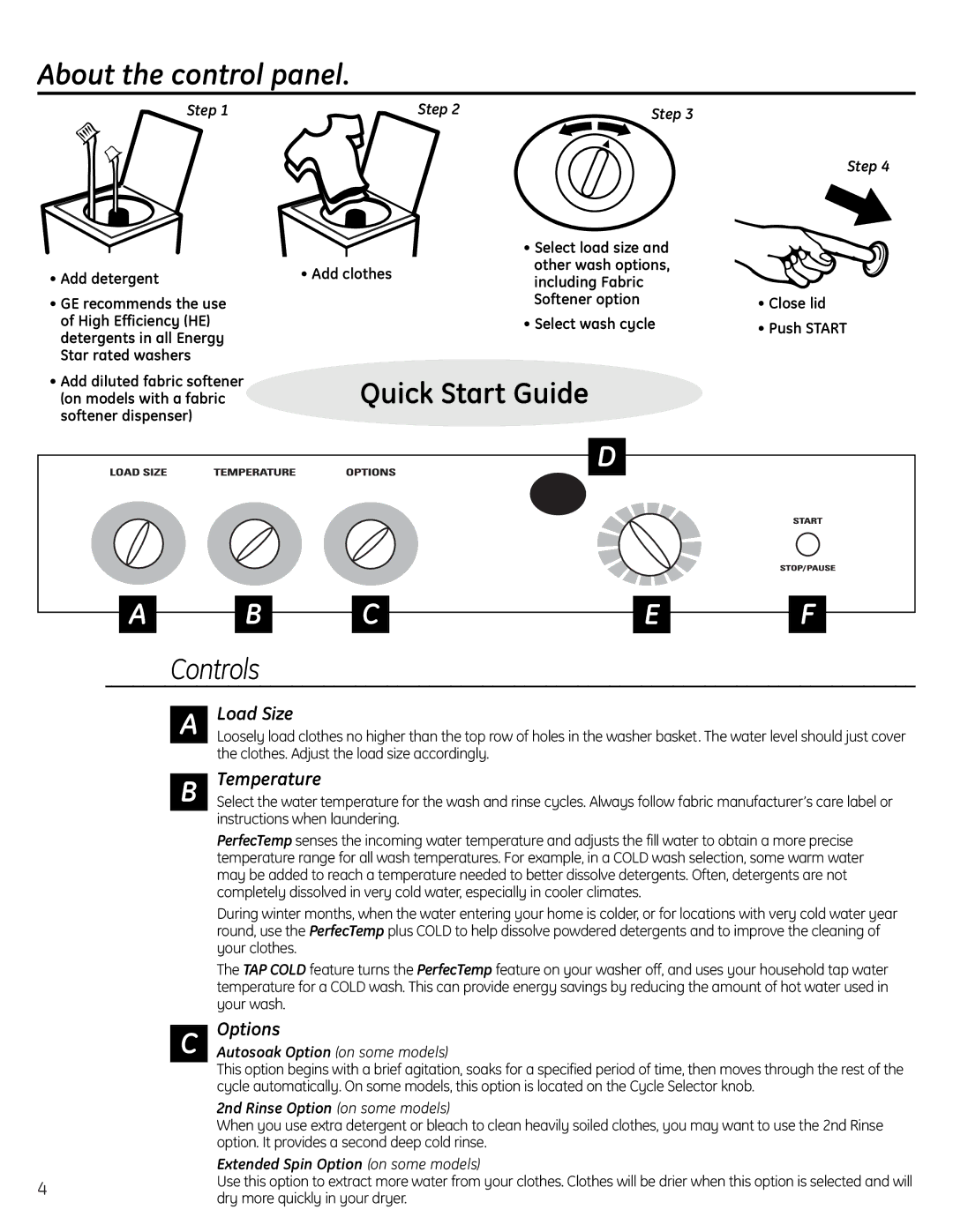 GE Profile Washer owner manual About the control panel, Controls, Load Size, Temperature, Options 