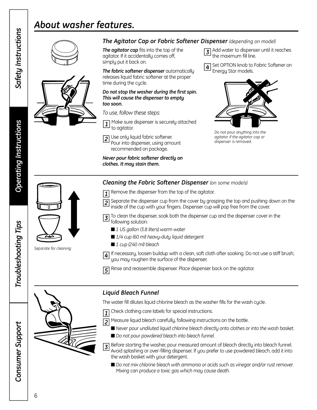 GE Profile Washer About washer features, Cleaning the Fabric Softener Dispenser on some models, Liquid Bleach Funnel 