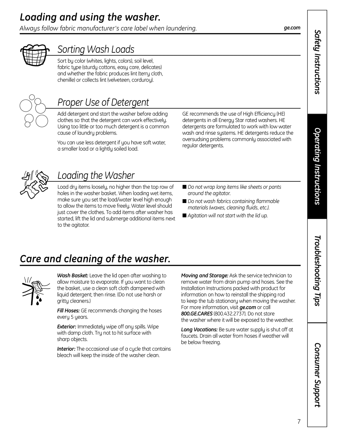 GE Profile Washer Loading and using the washer, Sorting Wash Loads, Proper Use of Detergent, Loading the Washer 