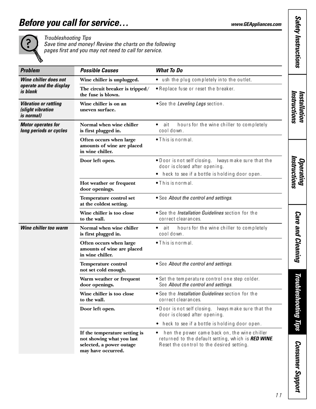 GE Profile Wine Chiller installation instructions Before you call for service…, Instructions Installation Operating 