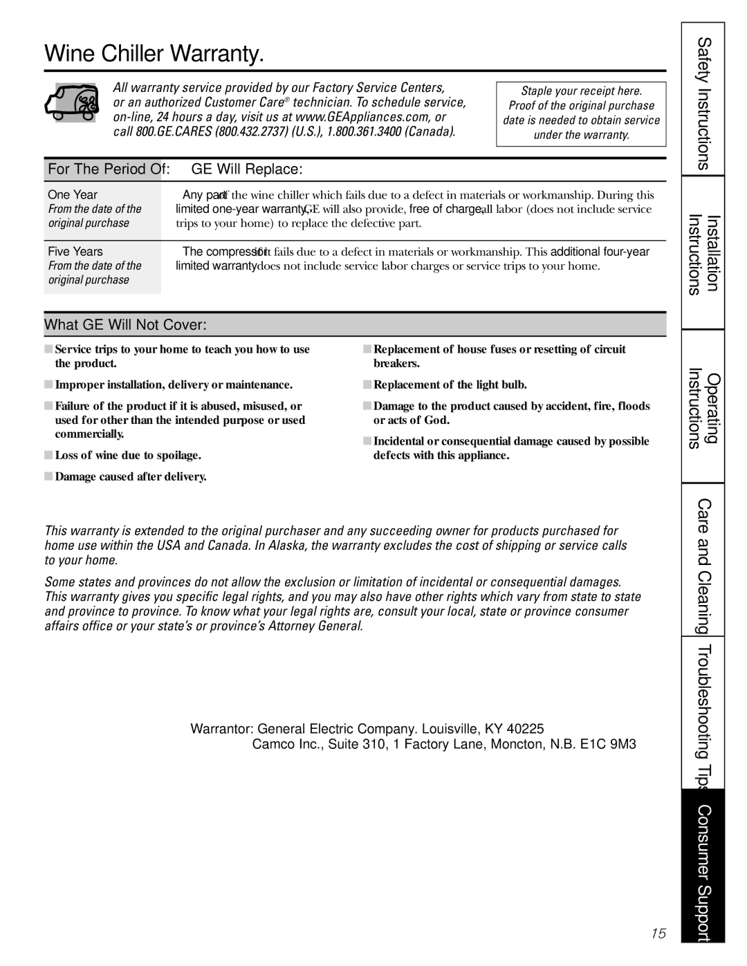 GE Profile Wine Chiller installation instructions Wine Chiller Warranty, GE Will Replace, What GE Will Not Cover 