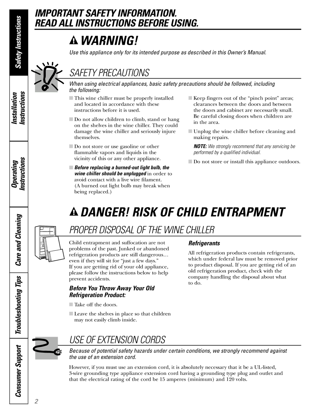 GE Profile Wine Chiller Safety Precautions, Proper Disposal of the Wine Chiller, Operating Instructions, Cleaning 