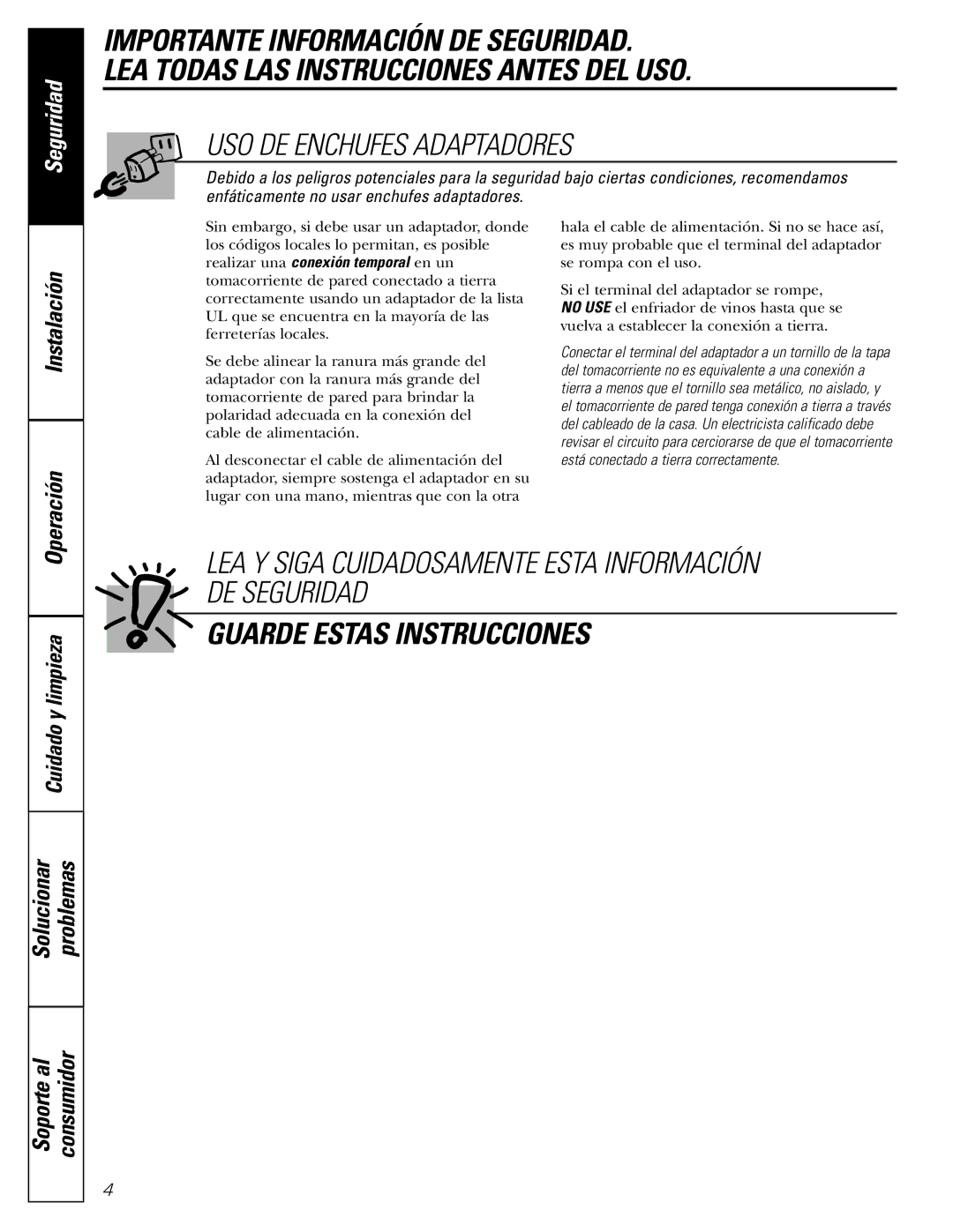 GE Profile Wine Chiller USO DE Enchufes Adaptadores, LEA Y Siga Cuidadosamente Esta Información DE Seguridad 